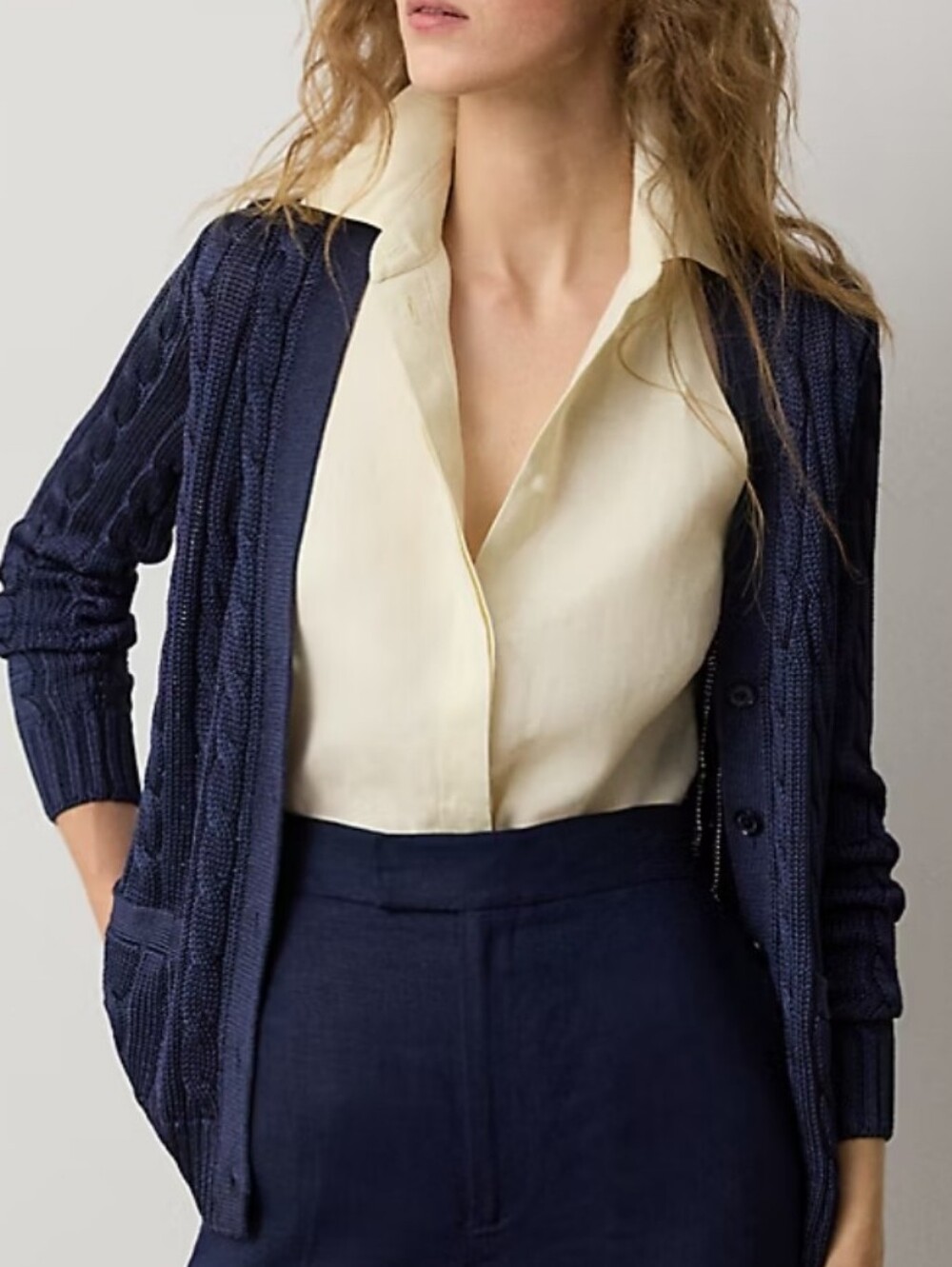 Vintage Ralph Lauren Sport Cable Knit Womens Cardigan Fitted Navy Blue Size S
